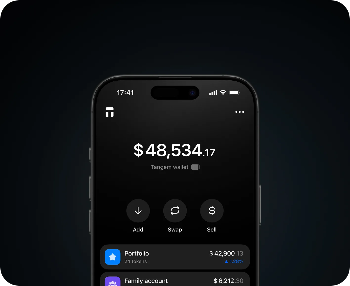 A non-custodial crypto wallet app open on a phone showing a portfolio balance