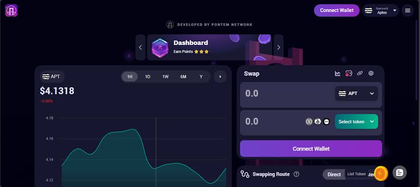Liquidswap swap app interface on Aptos showing an APT price chart and a swap widget