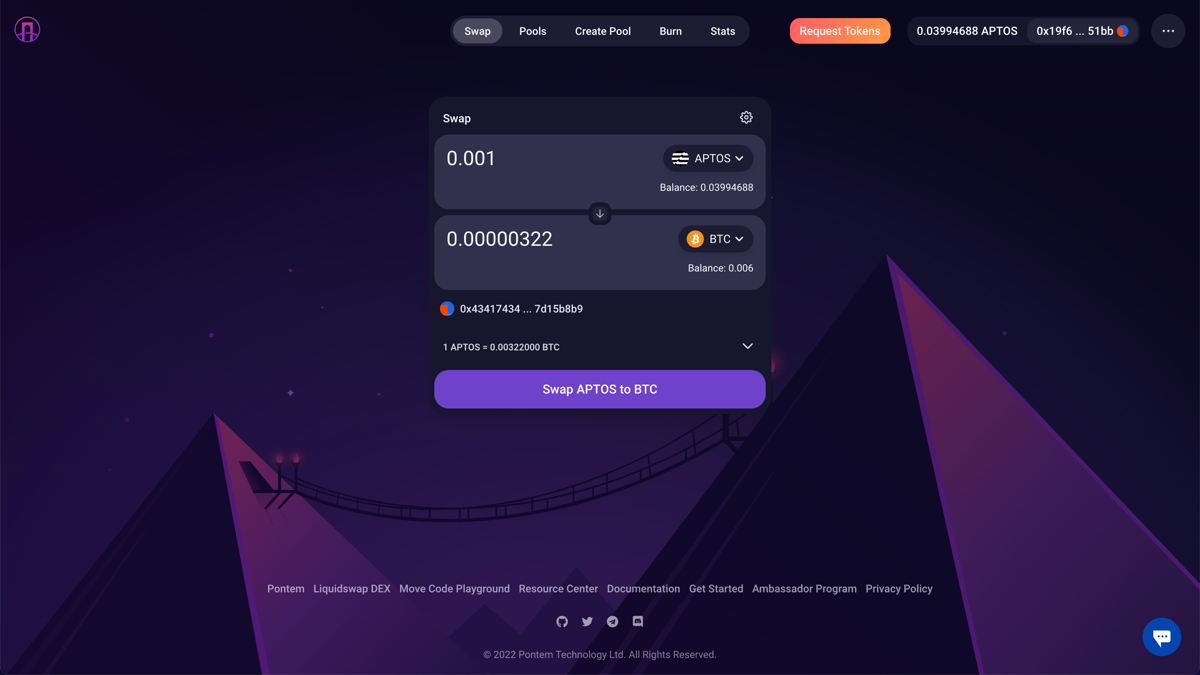 The Liquidswap swap interface on Aptos with a USDT to APT swap and a network fee estimate
