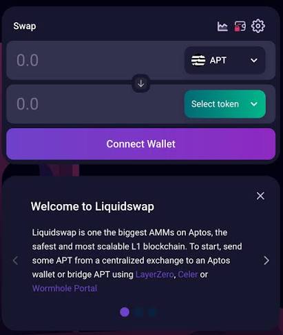 A Liquidswap swap widget with a Connect Wallet button and a welcome message